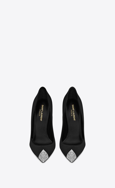 SAINT LAURENT Tower Damen TOWER 110 Pumps aus schwarzem Satin mit weißem Strass b_V4